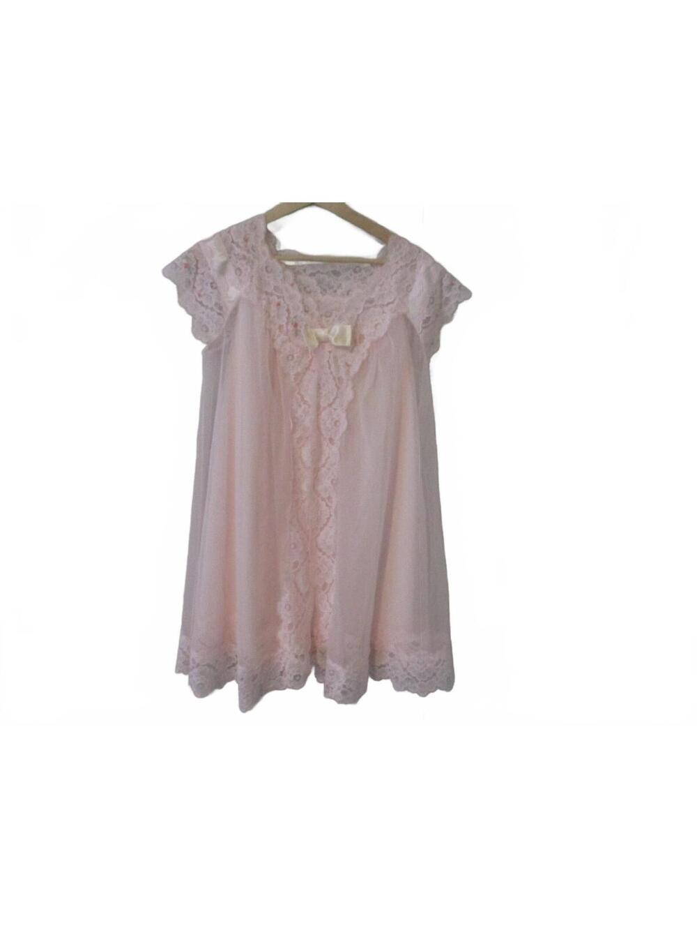 Vintage Shadowline Pastel Pink Nylon Lace Trim Nightgown Slip Dress Small 19.5